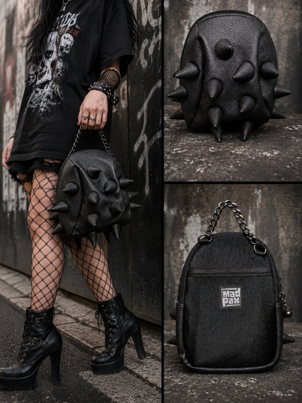 MadPax Black Spike Top Handle Purse Goth Punk Y2K Satchel Handbag EUC